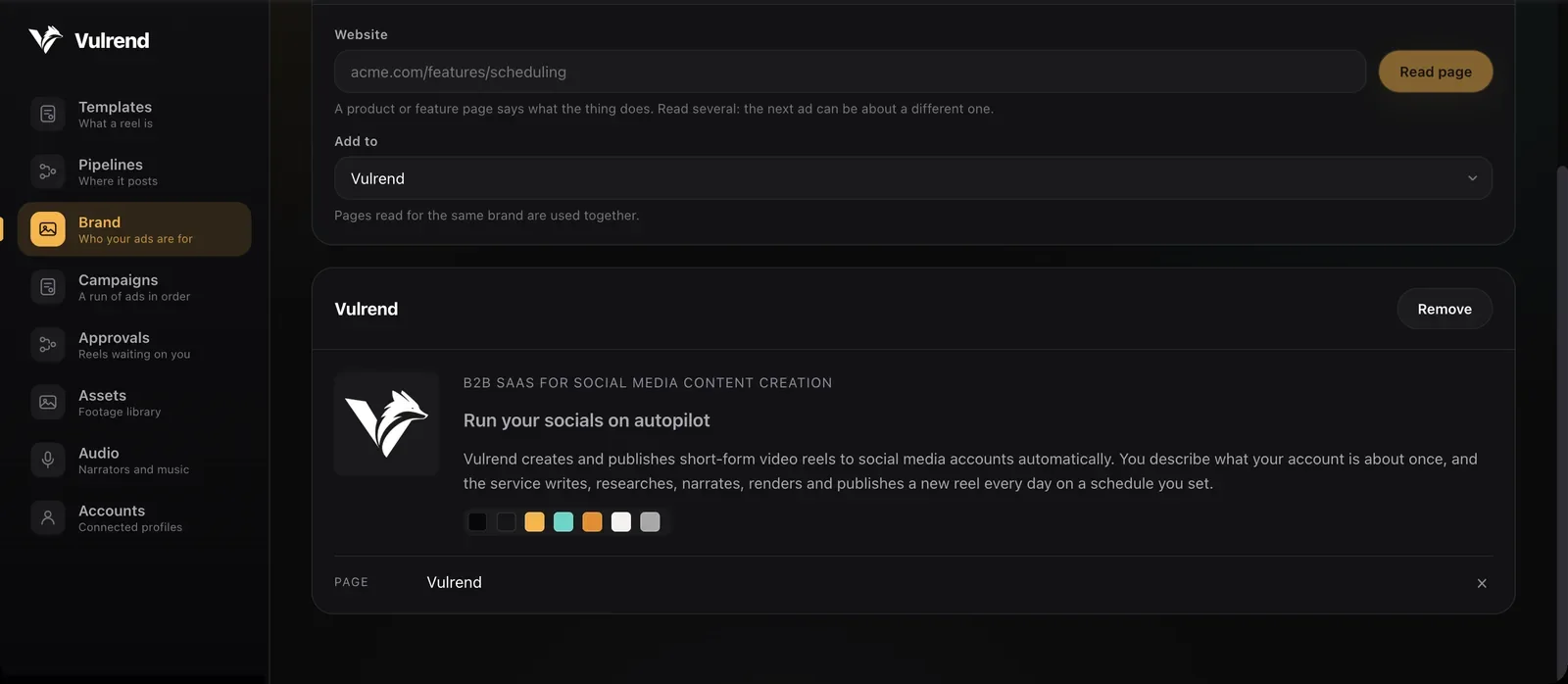 A Vulrend brand card built by reading a company website: category, headline, description and colours.