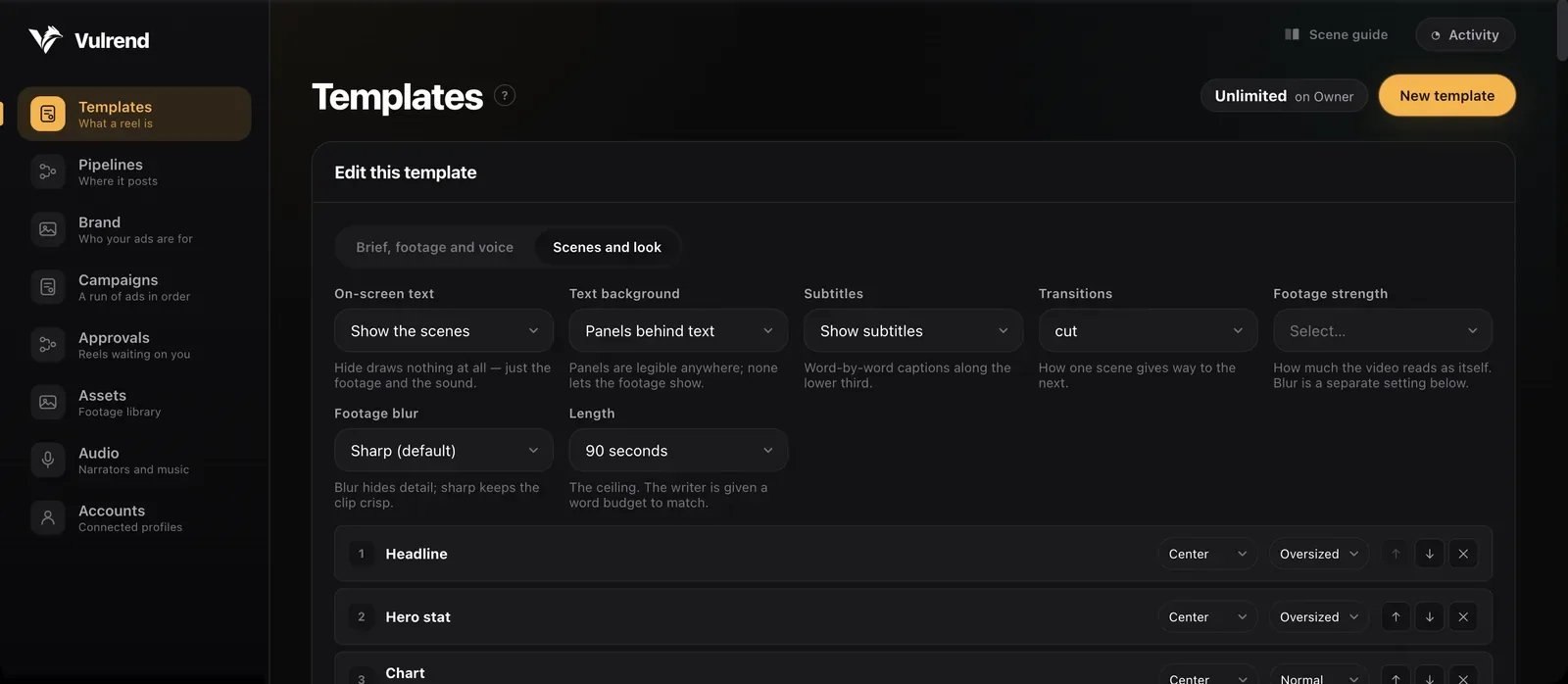 The Vulrend template editor: on-screen text, subtitles, transitions, length and a list of scenes.