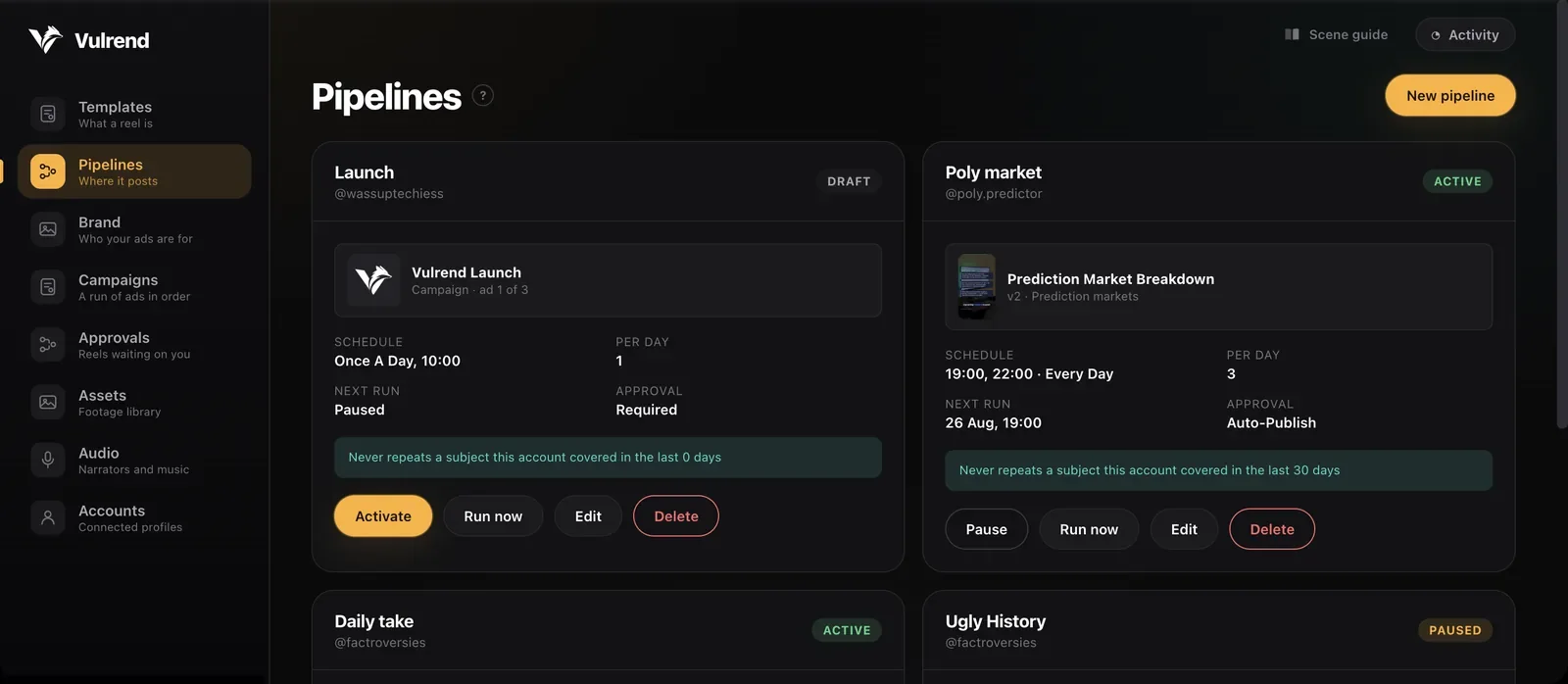 Vulrend pipelines: publishing schedules for connected accounts, marked active, draft or paused.