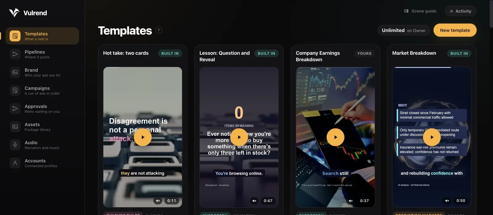 The Vulrend template library: ad formats, each with a playable sample reel.